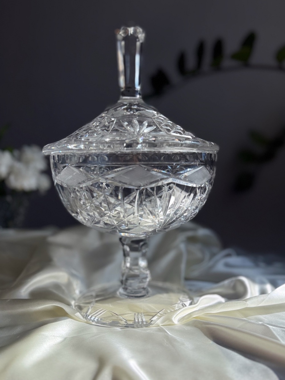 Clear Cut-Crystal Covered Compote - Elegant Glass Candy Dish